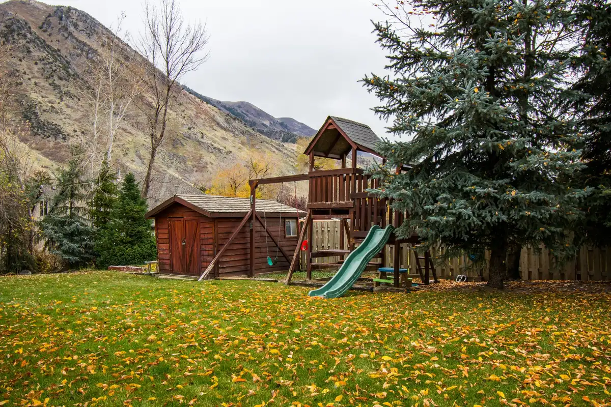 A wooden backyard playset and shed